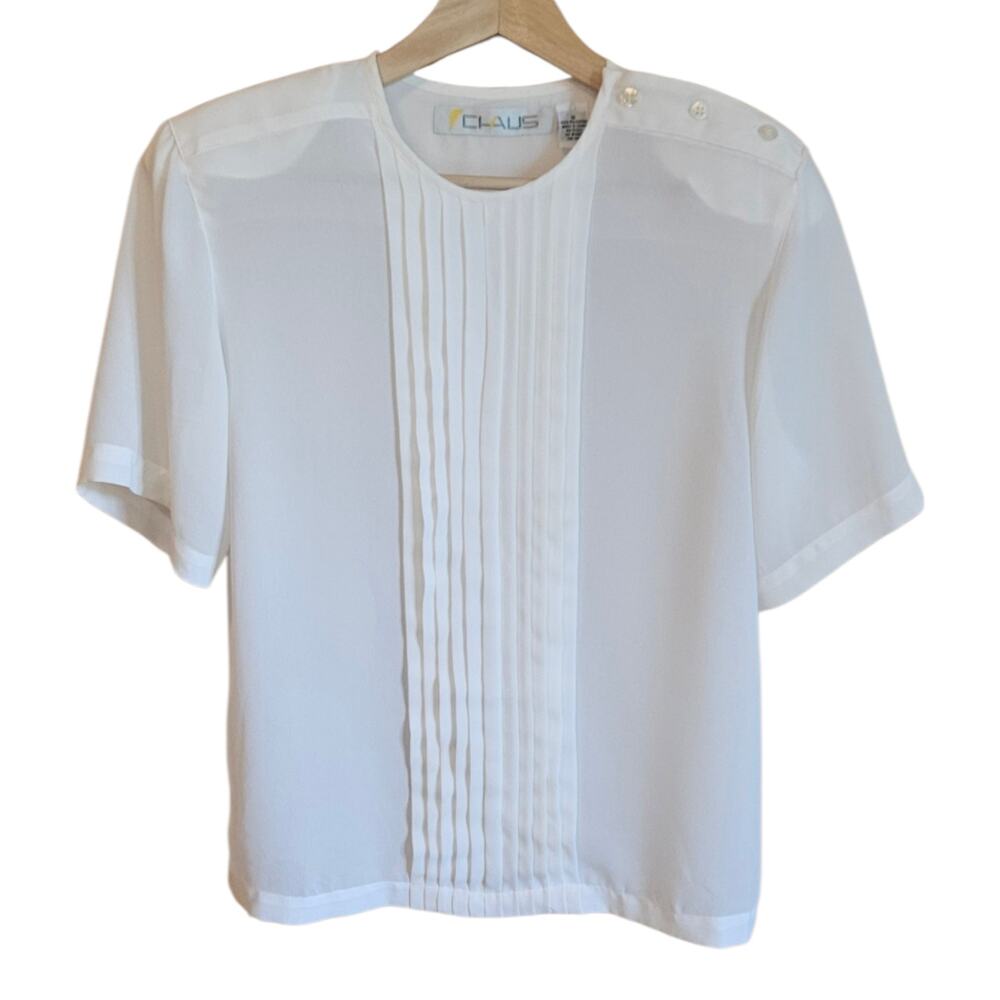Vintage Chaus Size 12 White Short Sleeve Pintuck Pleated Front Blouse Top